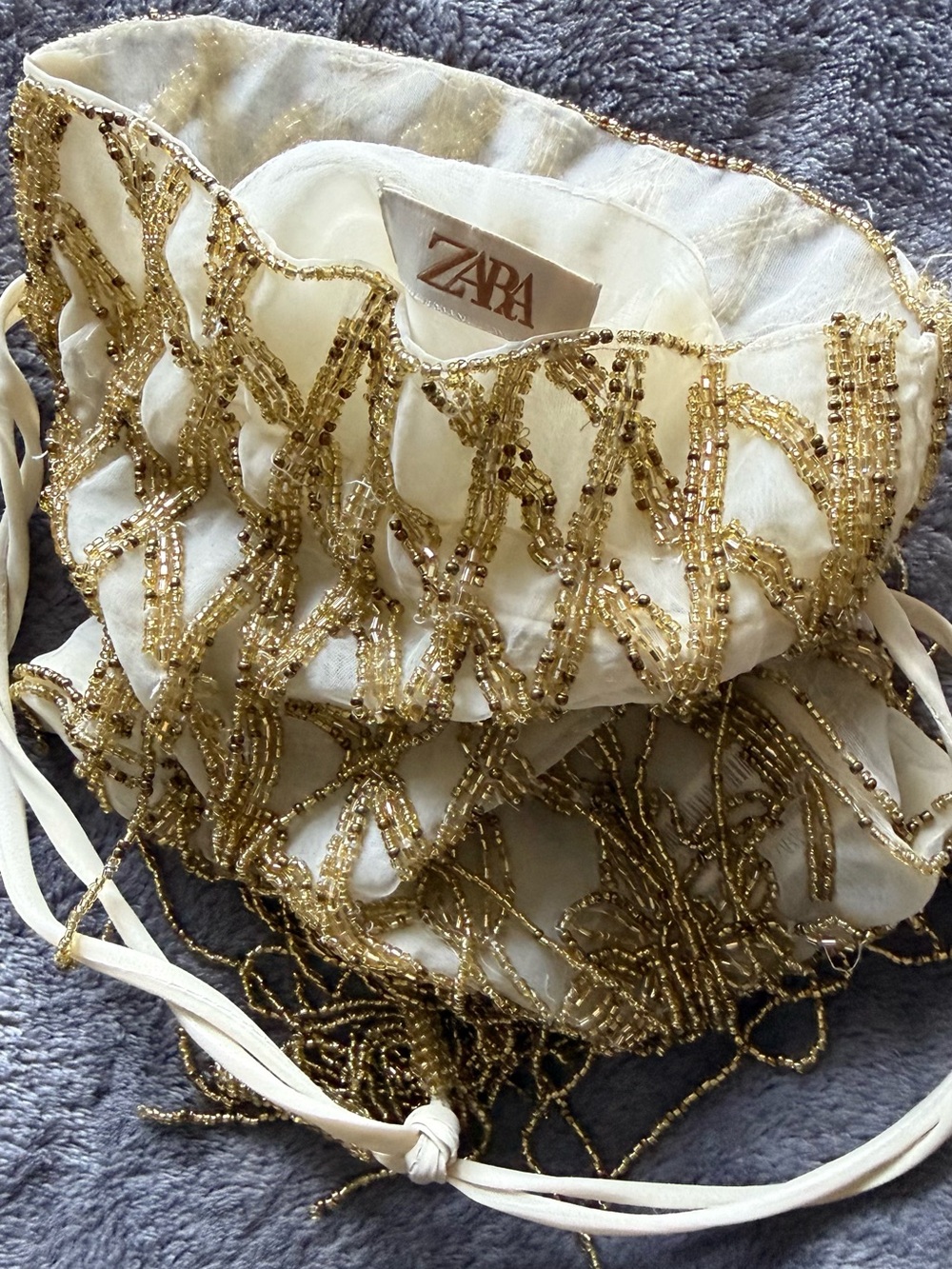 Zara Cream and Gold Beaded Drawstring Clutch